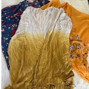 Lot of 3 Poncho Cape Shawl Mustard Blue Sheer Embroidered Floral Stripe Mai Soli